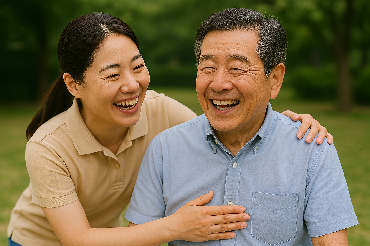 미소짓는 여성 어르신과 요양보호사