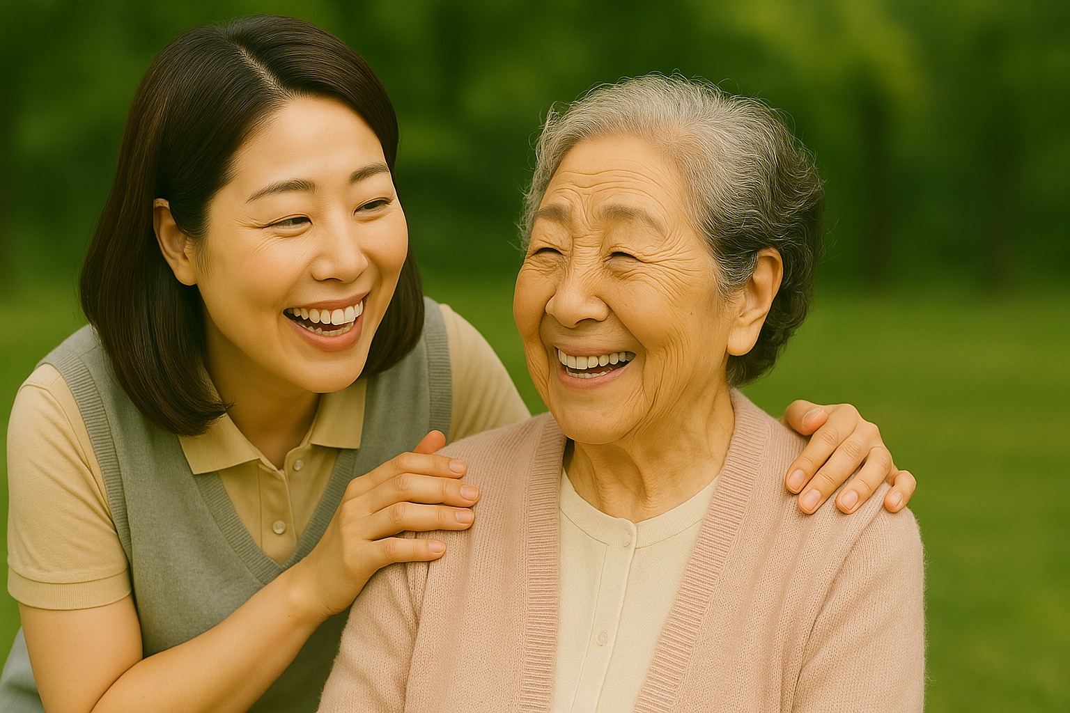 미소짓는 여성 어르신과 요양보호사
