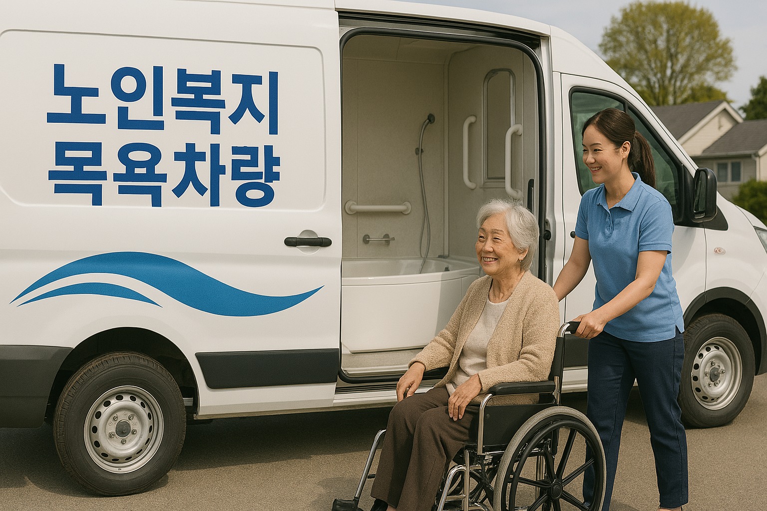 미소짓는 여성 어르신과 요양보호사